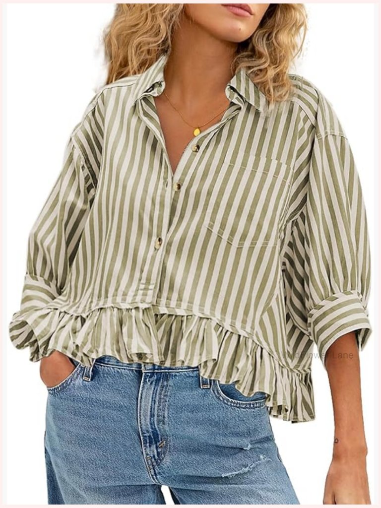 Ruffled Short Sleeve Button Down Blouse Babydoll Top
